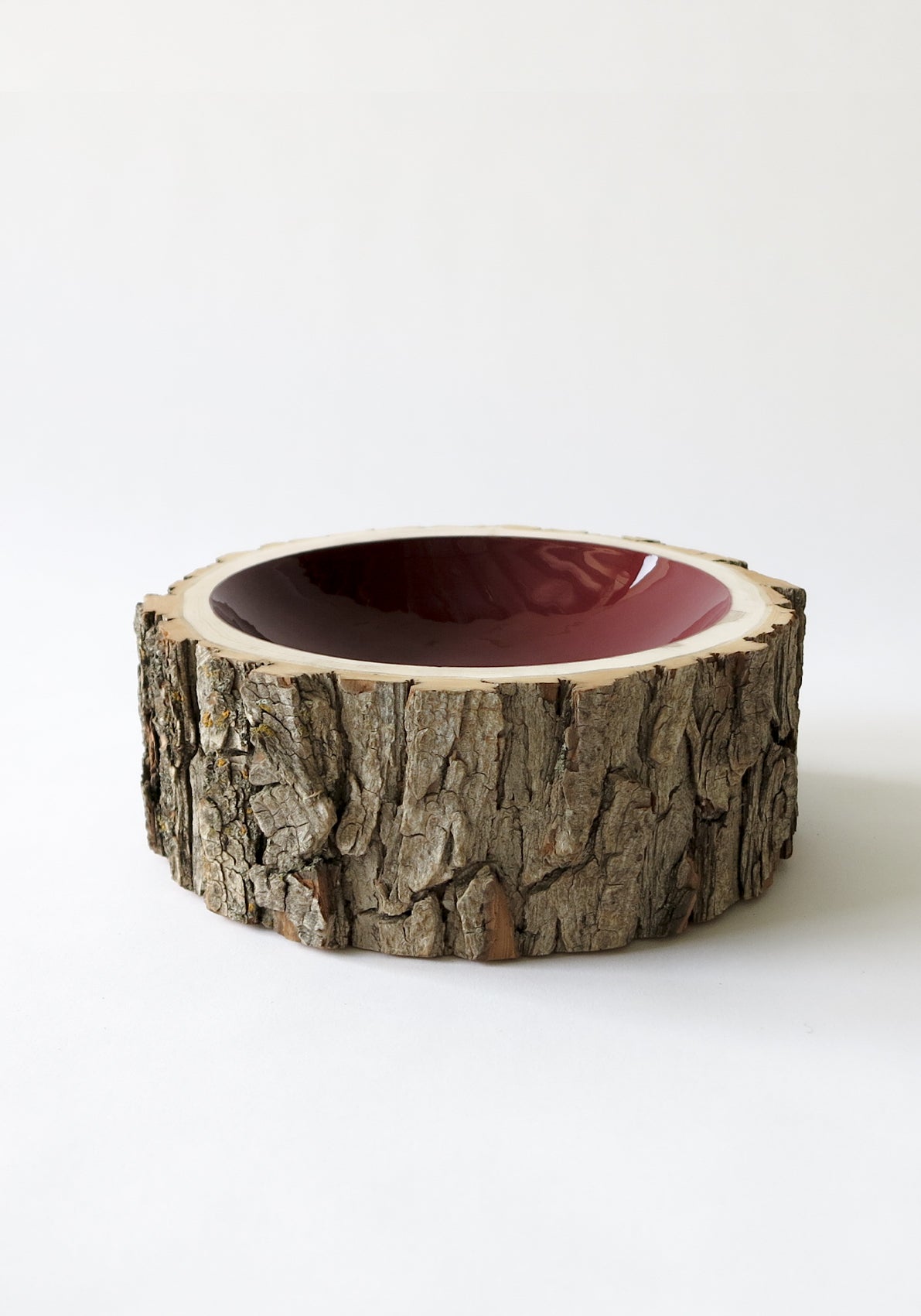 Size 8 Log Bowl - large wooden bowl with rough willow bark, glossy interior is a rick dark red wine colour.
