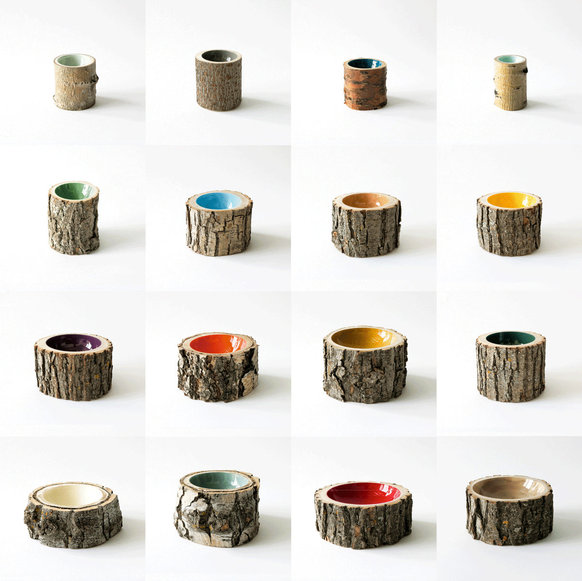 grid of 16 wood Log Bowls by Loyal Loot displaying variety of custom colours and sizes.