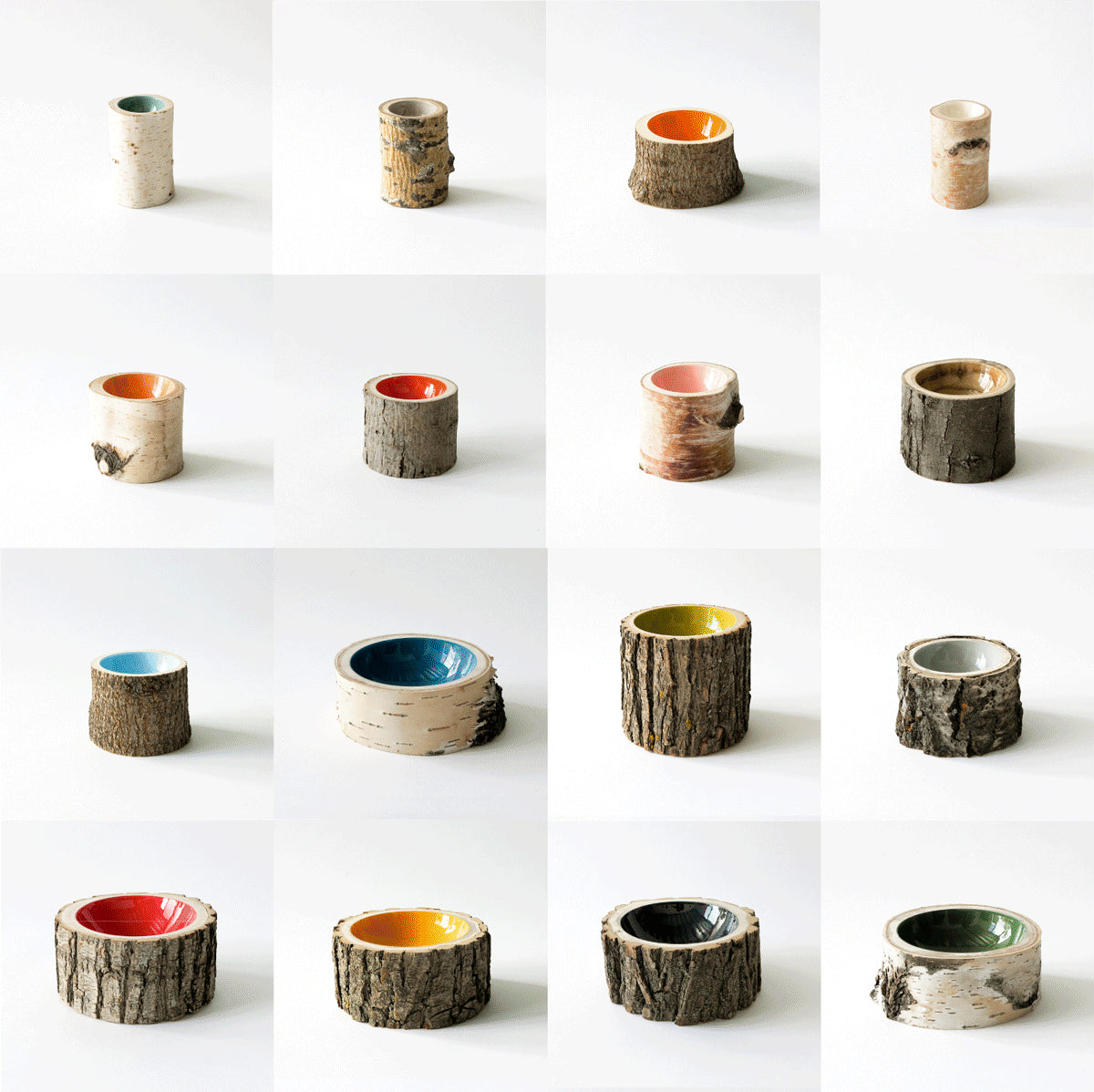 A second grid of 16 different wood Log Bowls by Loyal Loot displaying variety of custom colours and sizes.