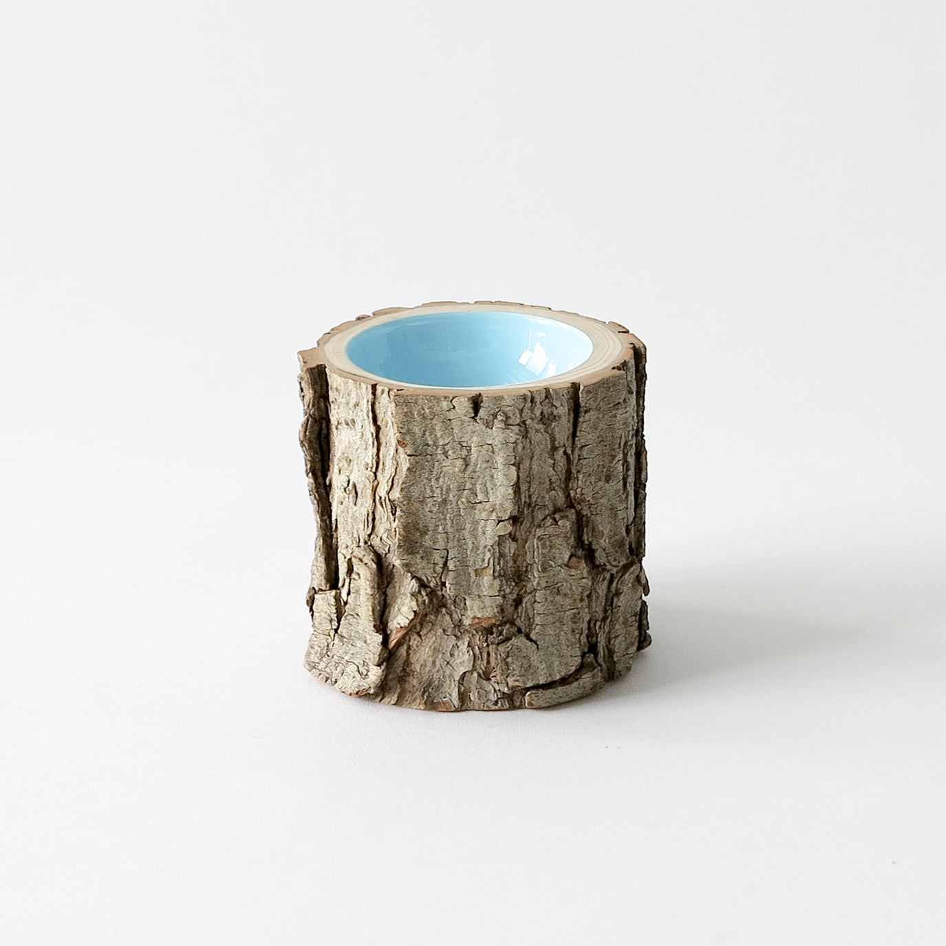 close up view of Size 3 Log Bowl - small wooden bowl with rough bark, glossy interior is a sky blue colour.