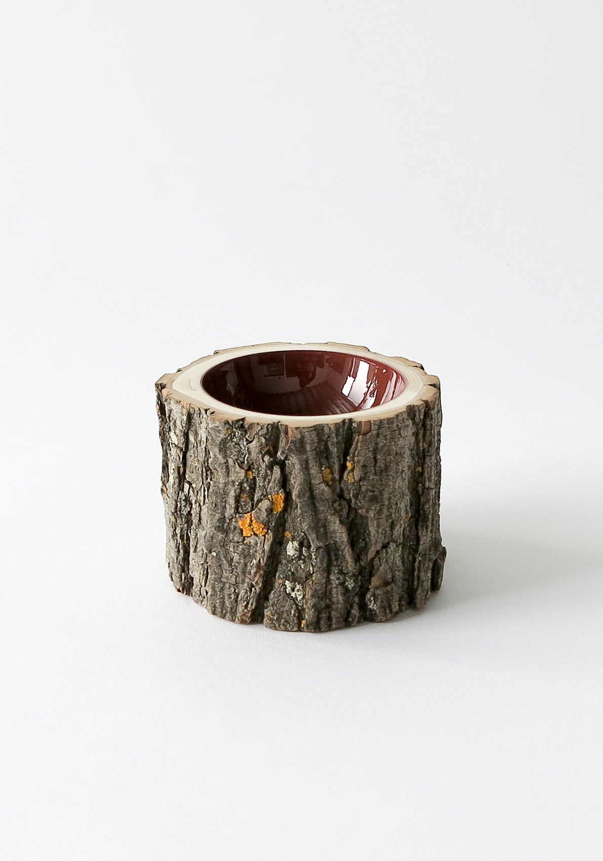 Size 4 Log Bowl by Loyal Loot - small-medium wooden bowl with rough bark, glossy interior is a rick dark red current colour.