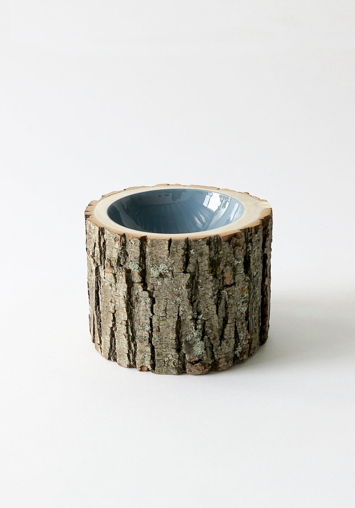 Size 5 Log Bowl - medium wooden bowl with rough bark, glossy interior is a denim dusty blue colour.