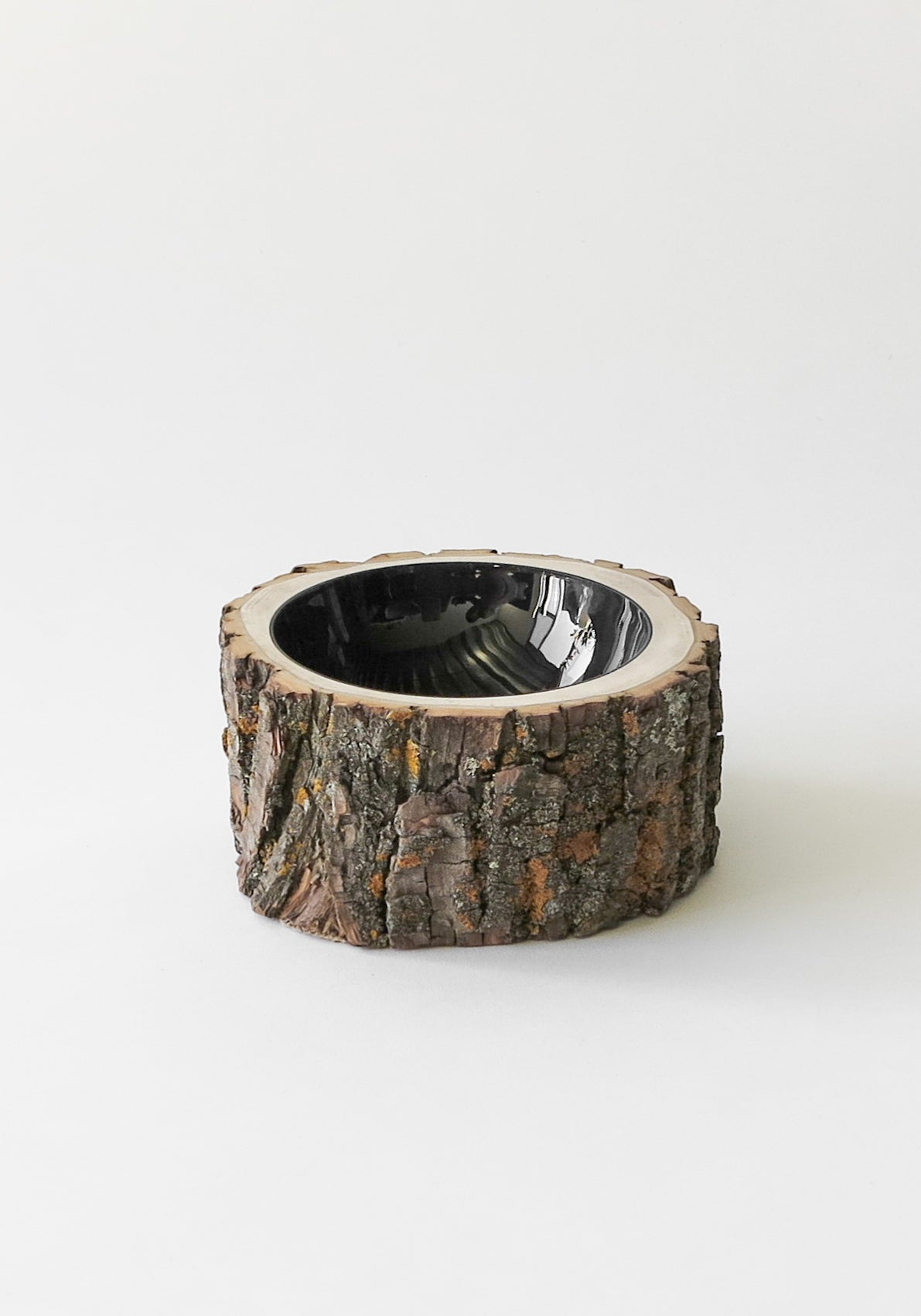 Size 6 Log Bowl - medium wooden bowl with rough bark, glossy interior is black in colour.