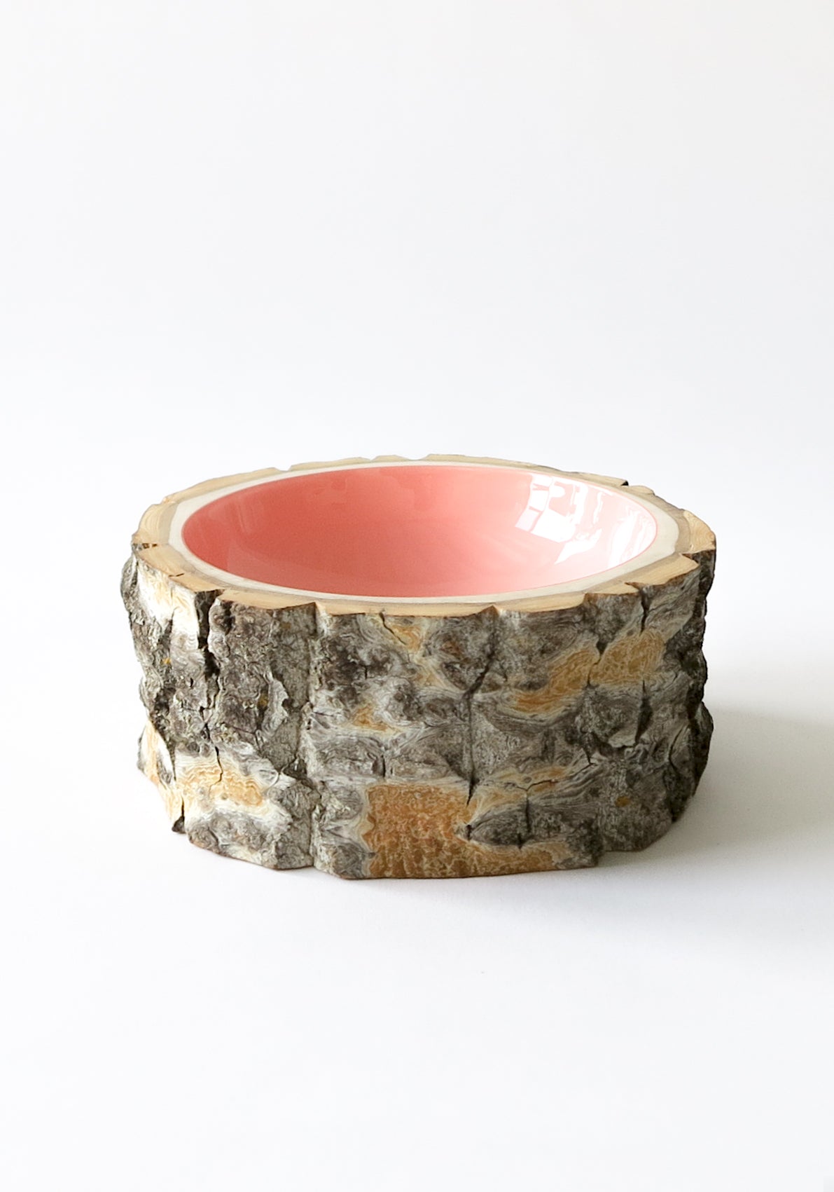 Size 7 Log Bowl - Medium to large wooden bowl with chunky poplar bark, glossy interior is a warm bright pink colour.