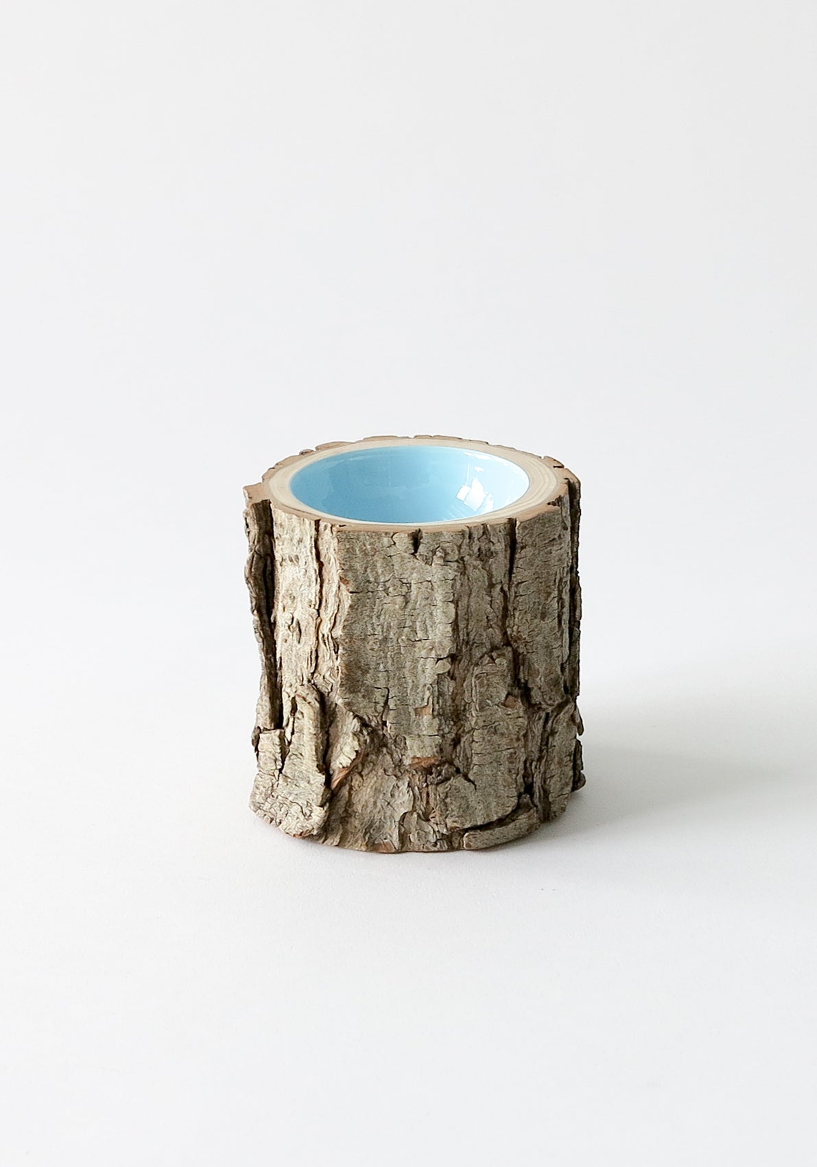 Size 3 Log Bowl - small wooden bowl with rough bark, glossy interior is a sky blue colour.