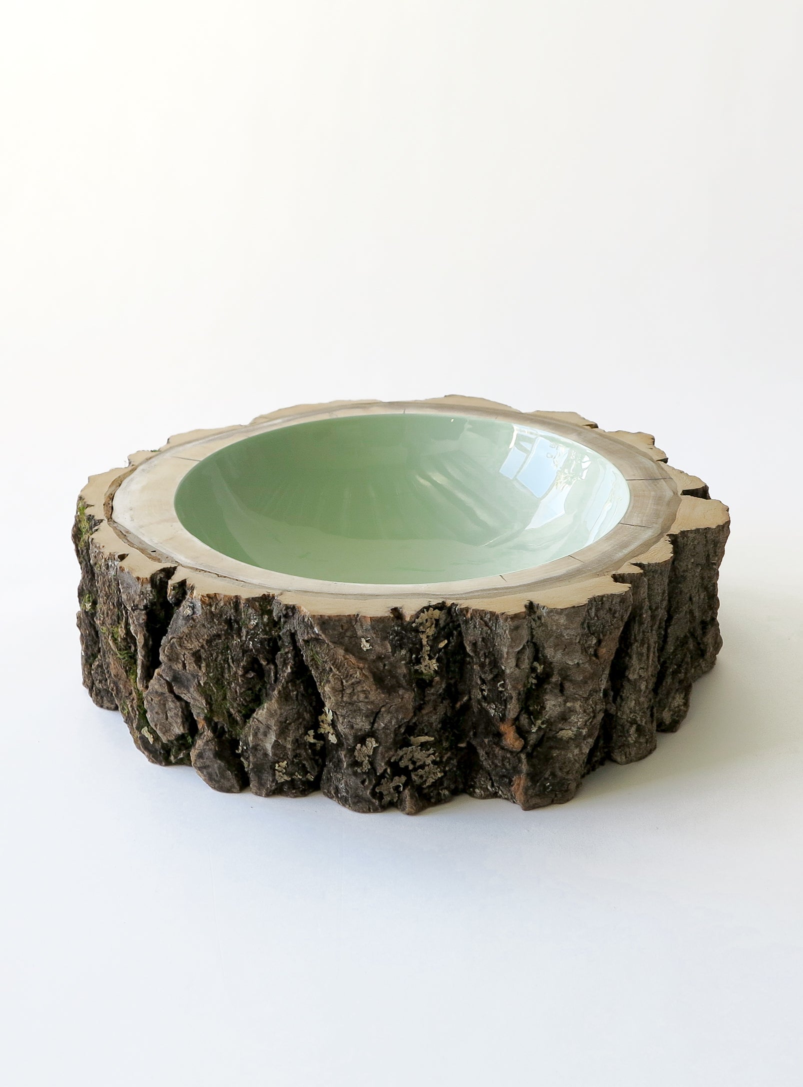 3/4 front close up view of size 11 wood Log Bowl by Loyal Loot with rough bark.