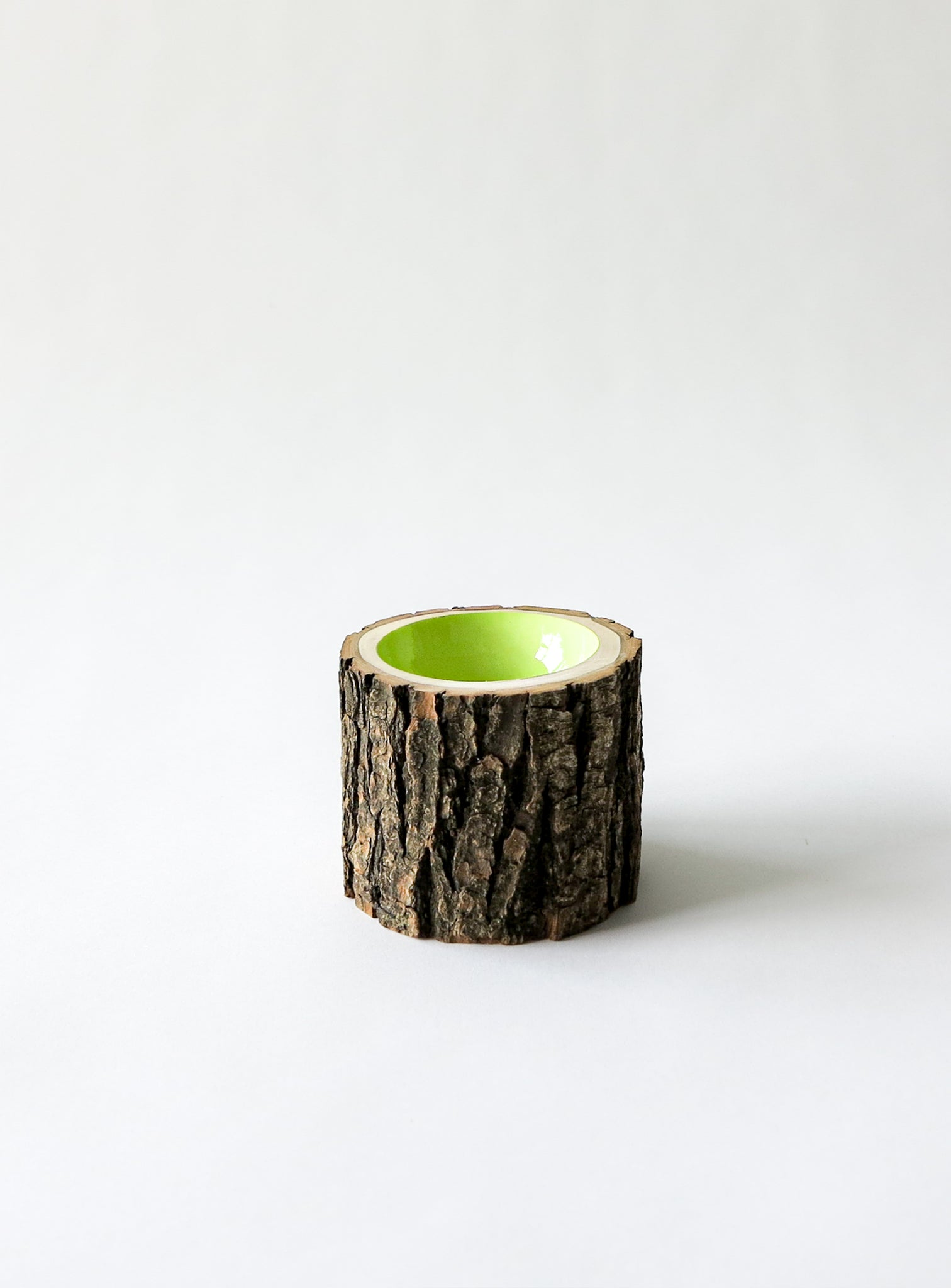 Size 2 Celery Log Bowl - small wooden bowl with rough bark, glossy interior is a bright green colour.