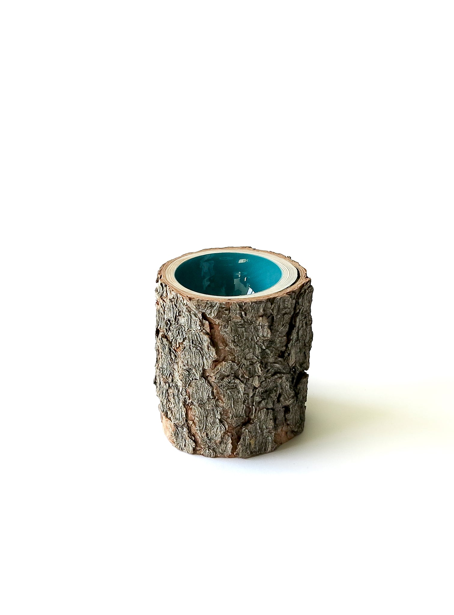 Size 2 Log Bowl - extra small wooden bowl with pine bark, glossy interior is a turquoise colour.
