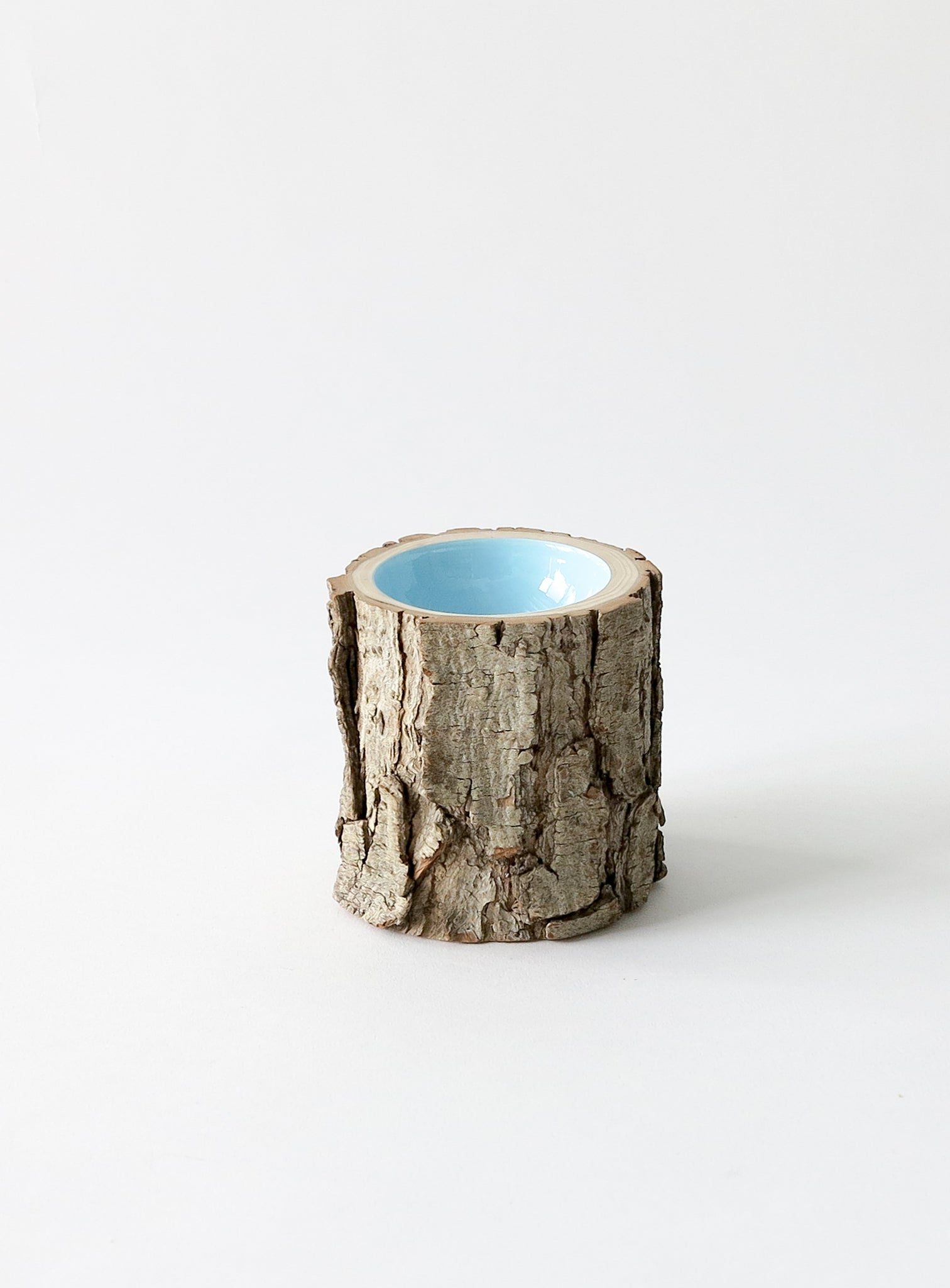 Size 3 Log Bowl - small wooden bowl with rough bark, glossy interior is a sky blue colour.