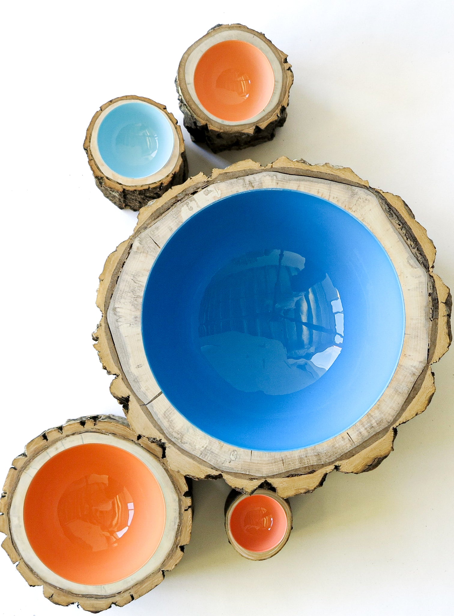 A top view of Loyal Loot wood Log Bowls in Extra Large, medium and small sizes in bright blue and grapefruit pink colours.