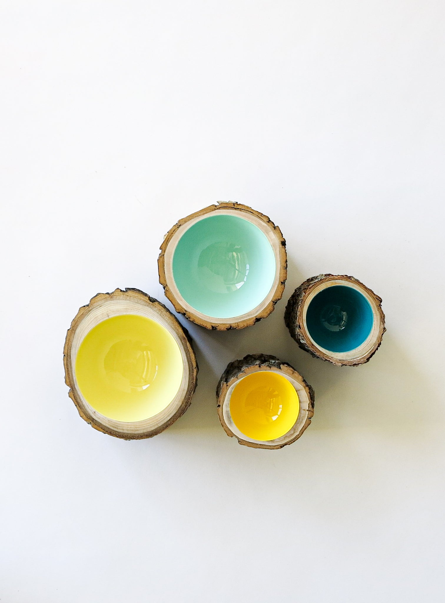 Top view of four wood Log Bowls by Loyal Loot. Glossy interiors are aqua, lemon, butter yellow and turquoise in colour.