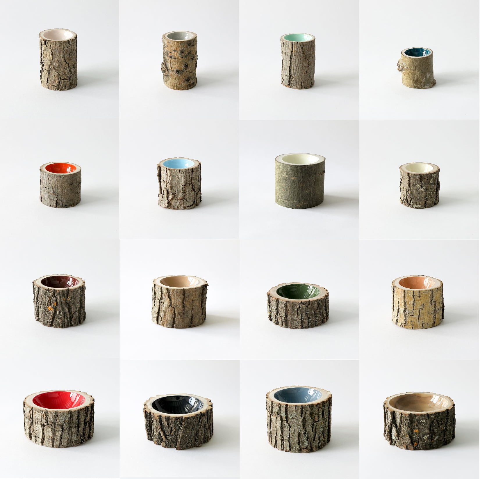 grid of 16 wood Log Bowls by Loyal Loot displaying variety of custom colours and sizes.